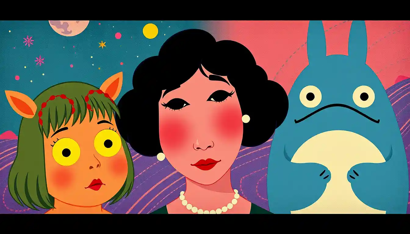 Whimsical fantasy characters in bold retro graphic style