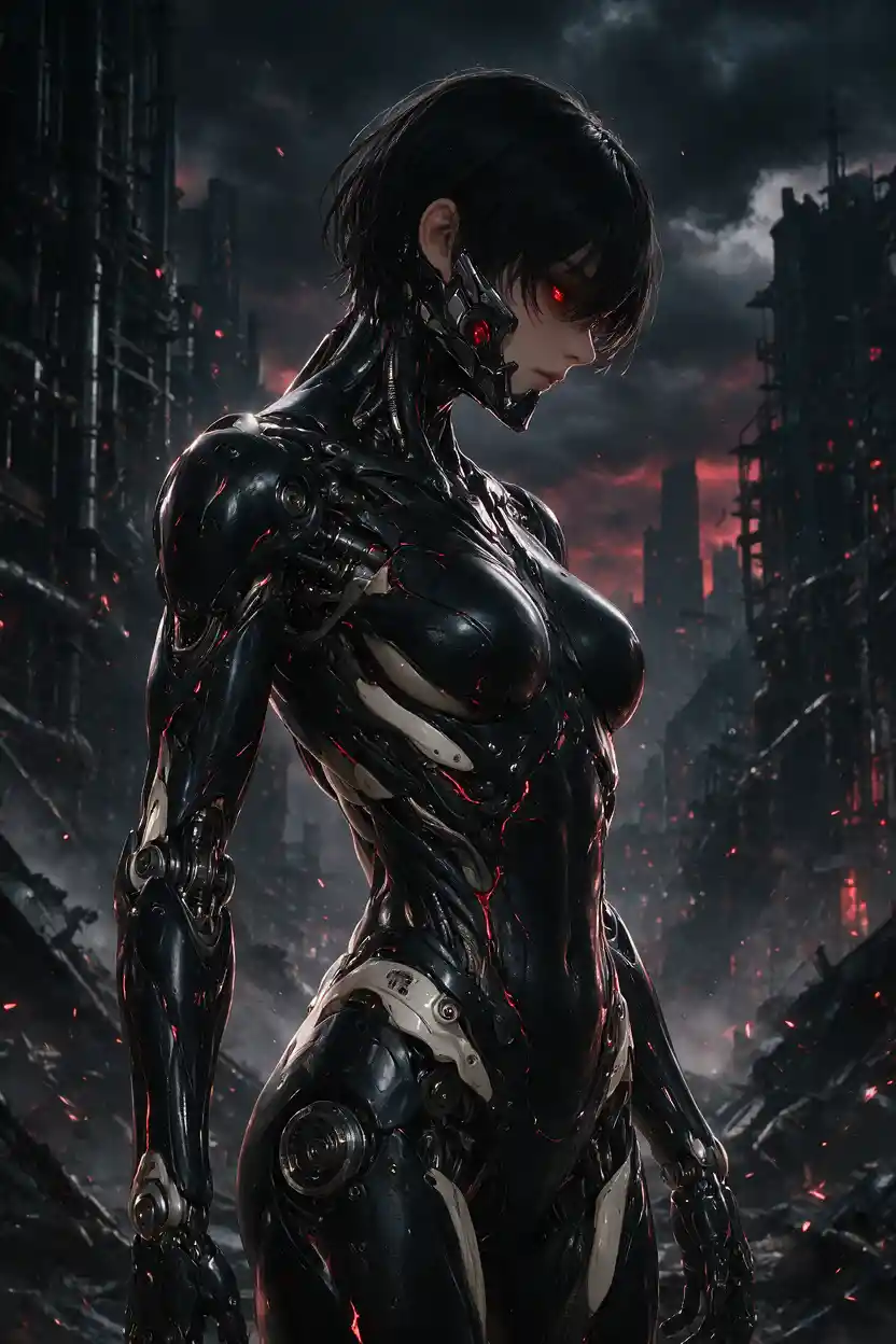 Biomechanical anime woman in black exosuit amid ruined city