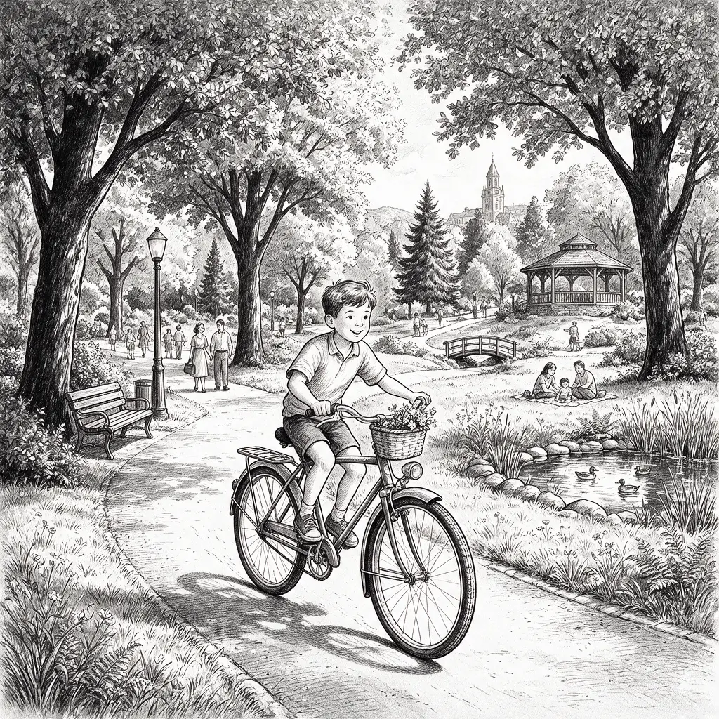 Junge fährt mit dem Fahrrad durch eine detaillierte Parkszene