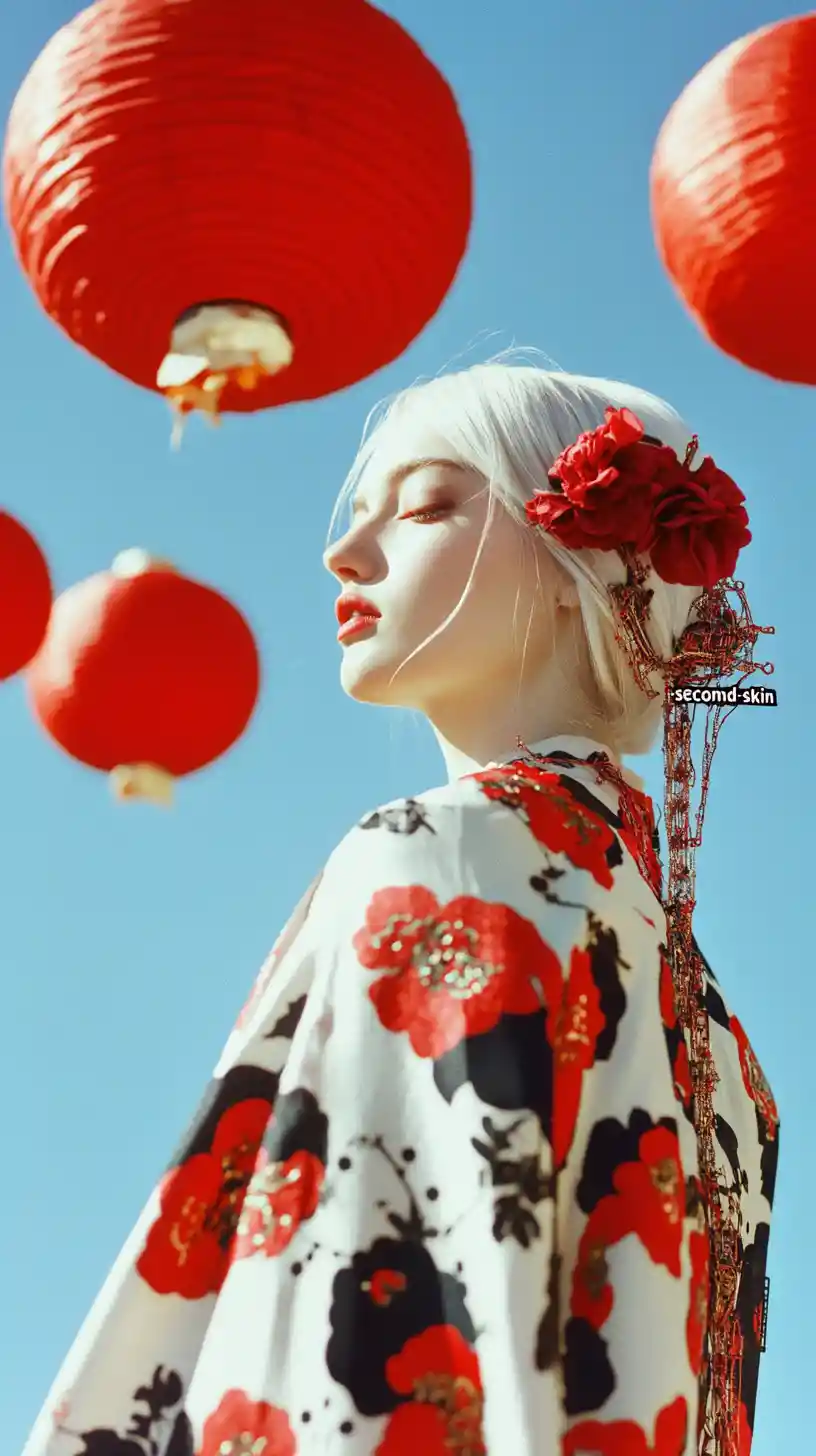 White haired woman in silk robe in futuristic city