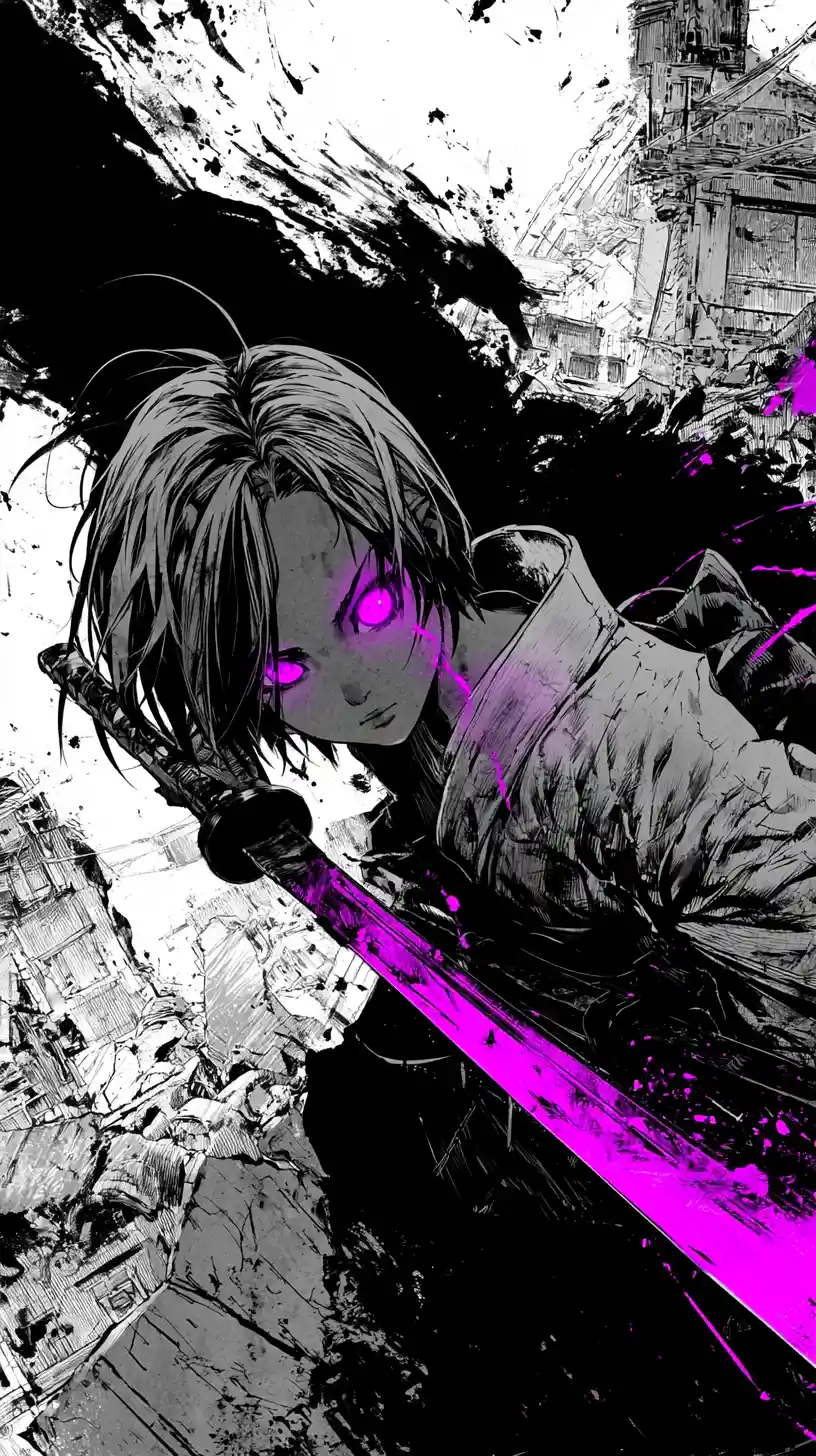 Anime swordwoman in a fragmented neon cityscape