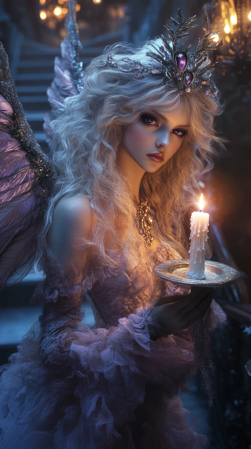 Fantasy fairy woman with jeweled wings holding a candle