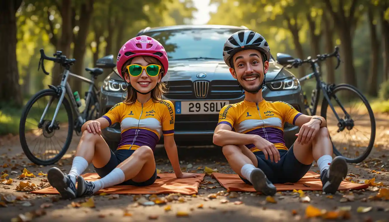 Cycling couple resting on orange mats beside their bikes
