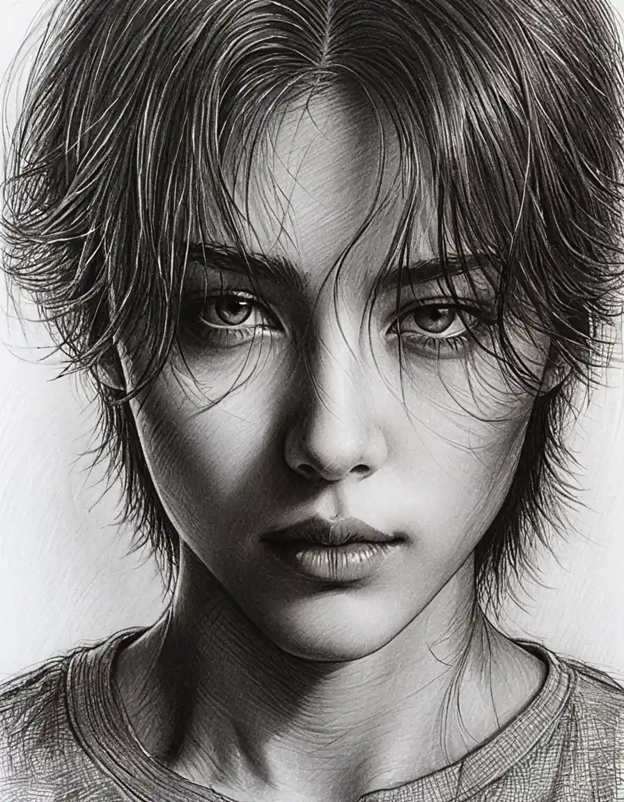 Melancholic pencil portrait in dramatic chiaroscuro lighting