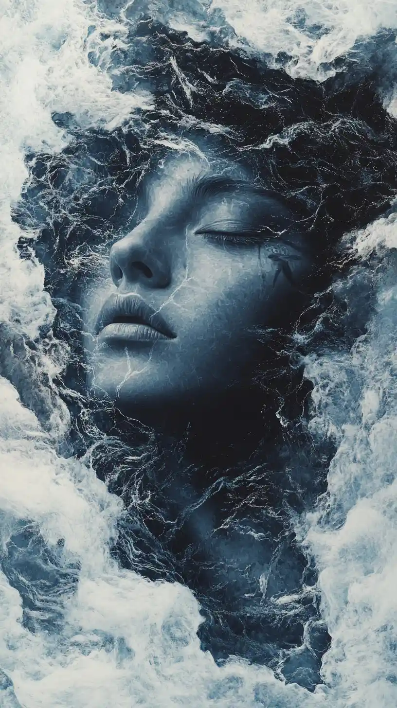 Ethereal portrait emerging from flowing rivers of data