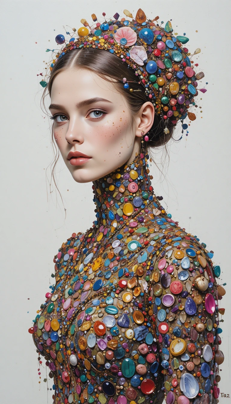 Semi abstract portrait of a jeweled girl in pearled dress