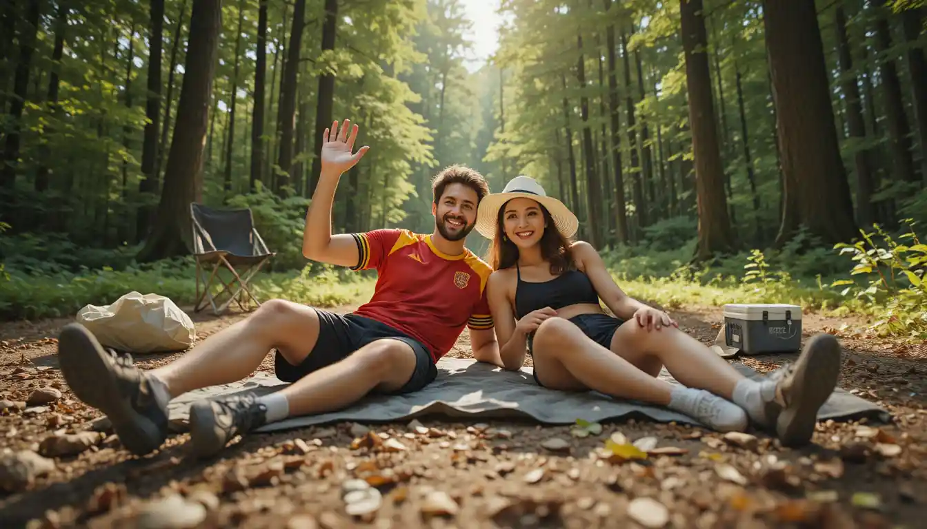 Relaxed couple lying on blankets in a forest clearing