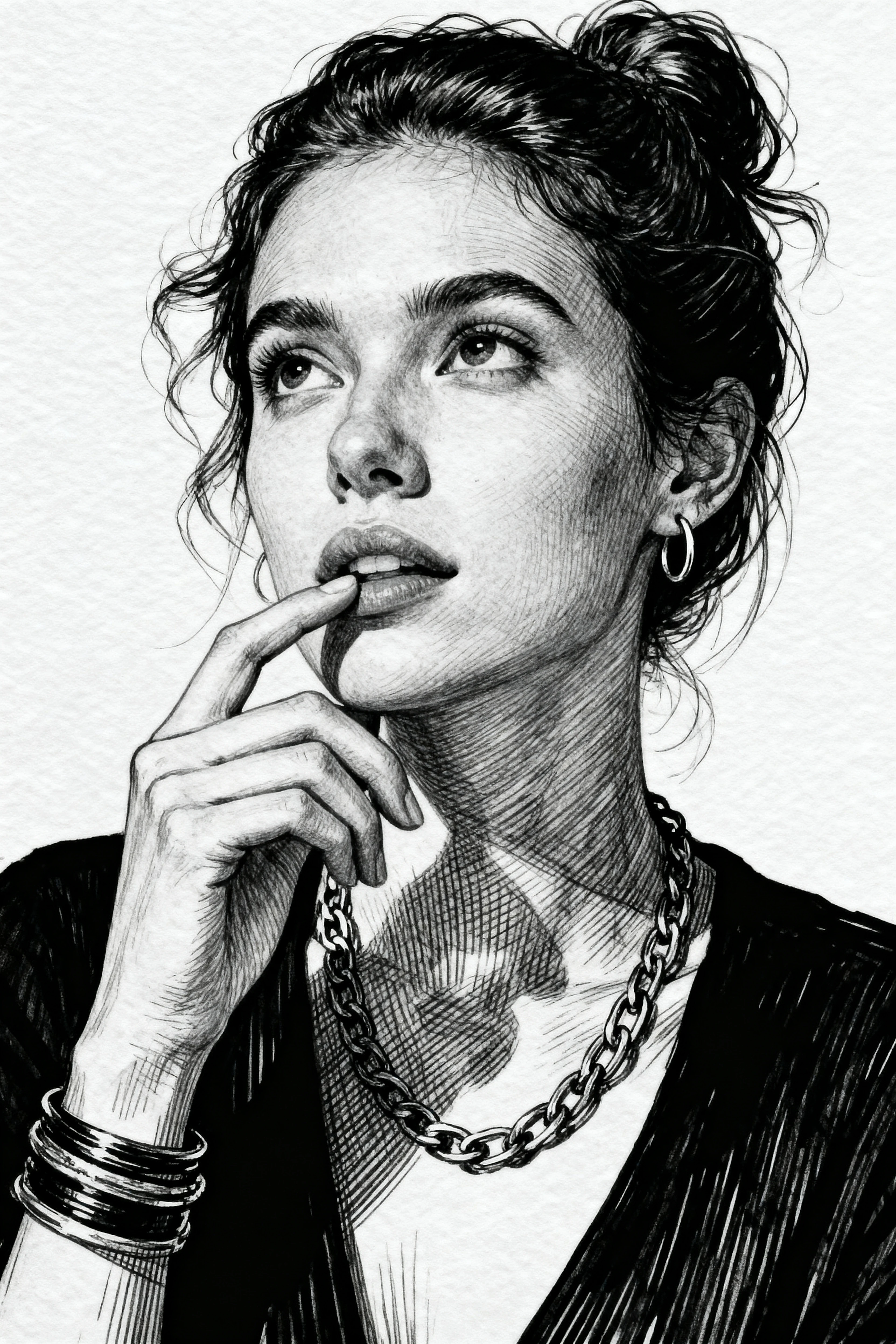 Thoughtful woman portrait in expressive ink line drawing