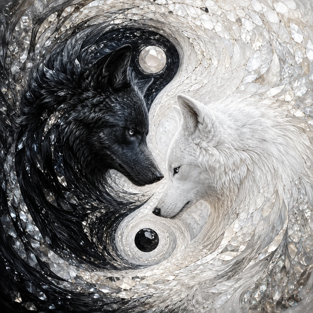 Black and white wolves in a yin yang inspired mosaic