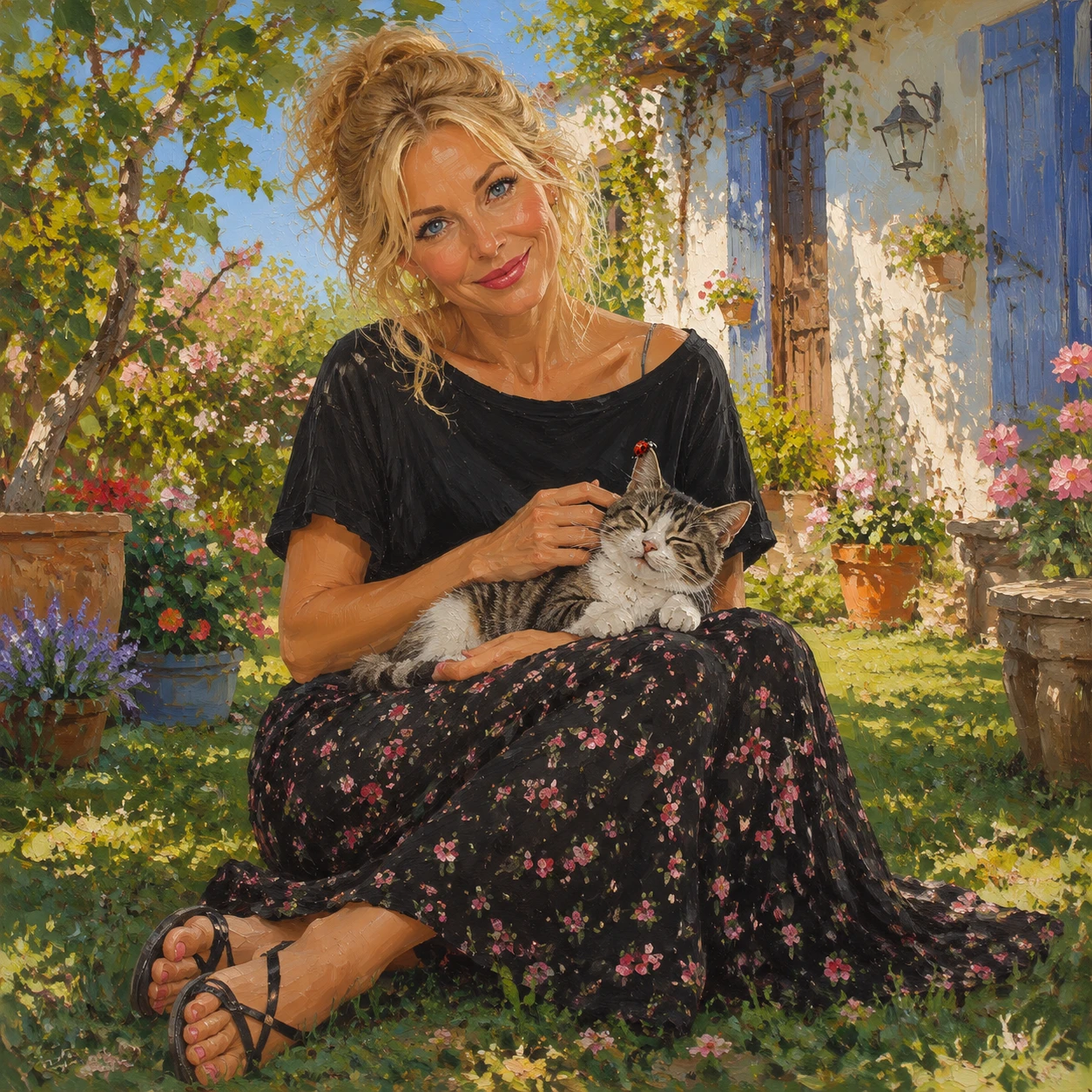 Woman sitting on summer garden grass with a cat