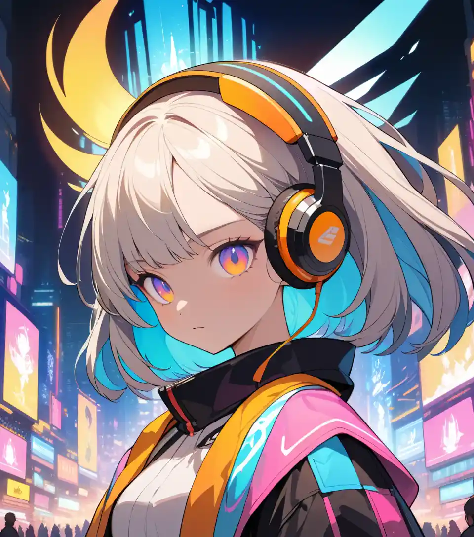 Futuristic girl with holographic soundboard in neon city