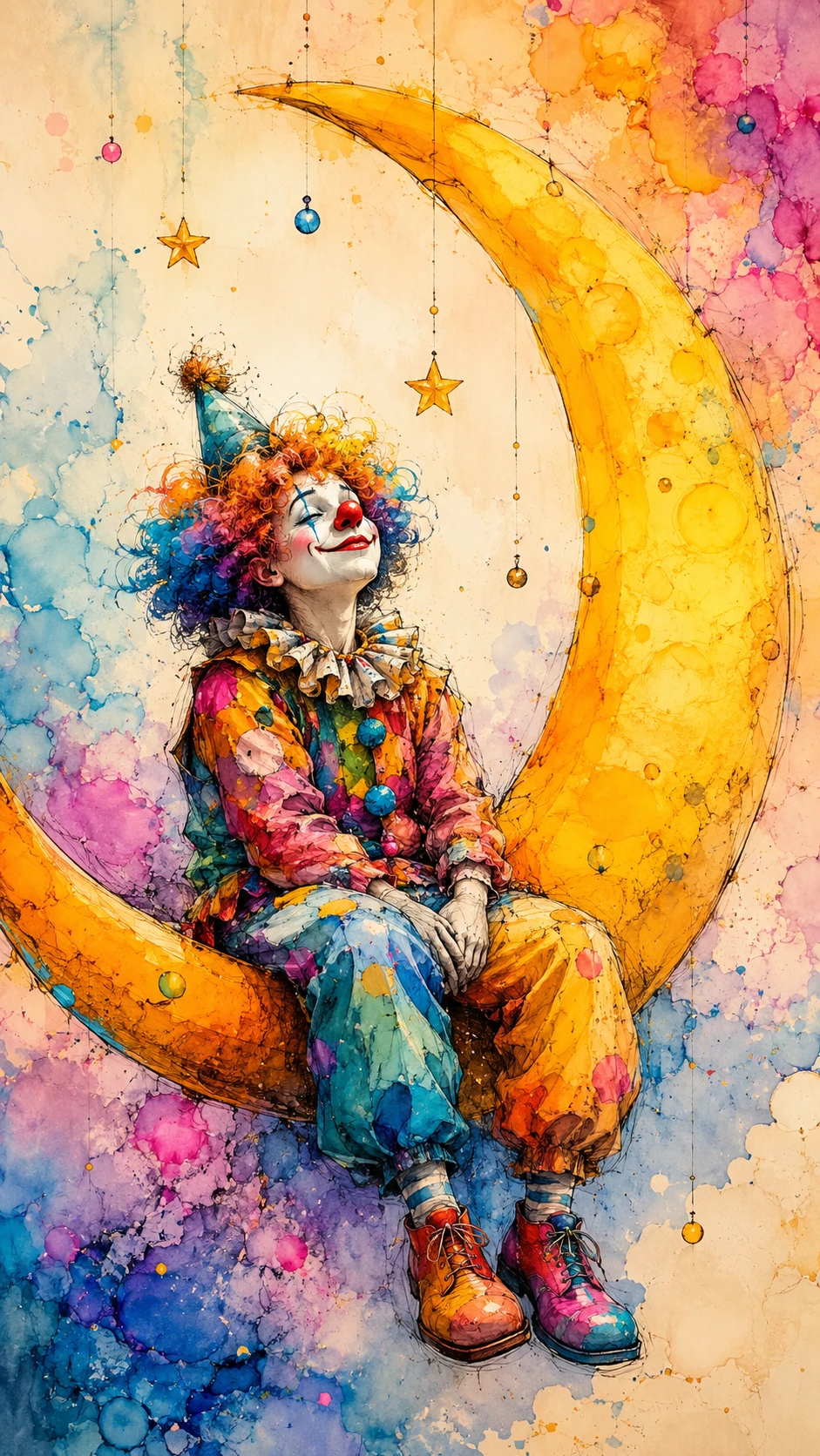 Dreamy clown resting on a crescent moon in pastel sky