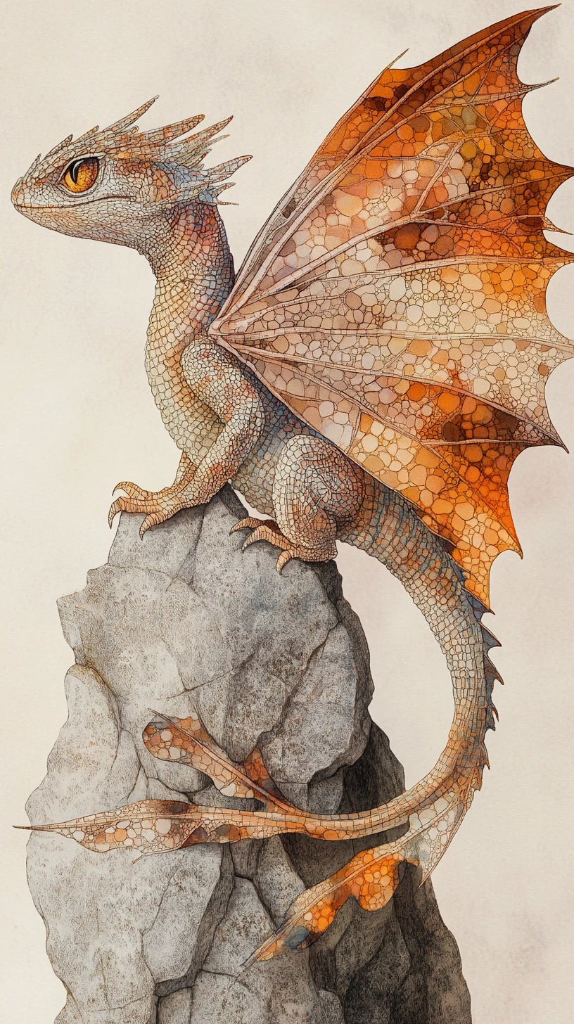 Tiny leaf winged dragon perched on fractured stone