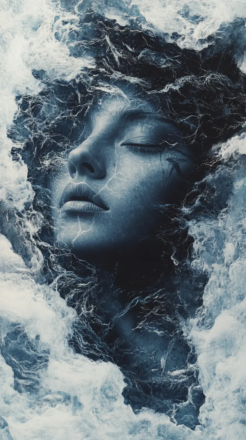Ethereal portrait emerging from flowing rivers of data