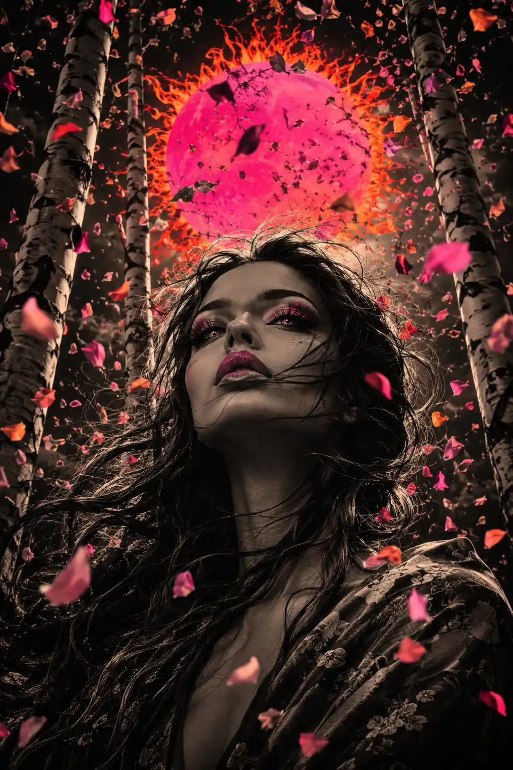 Ritratto surreale di donna con petali in cascata e sole rosa