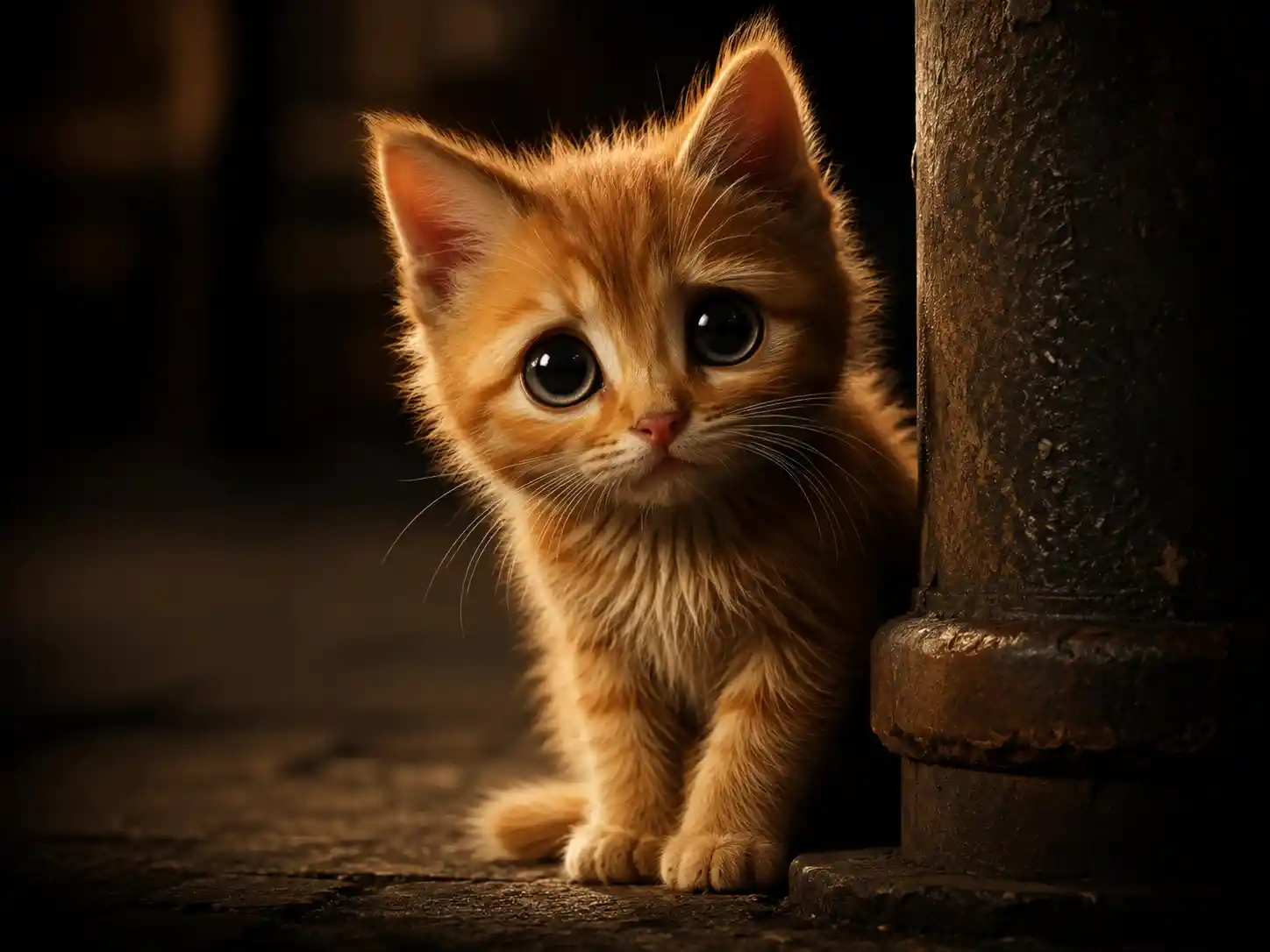 Timid 3D kitten with oversized eyes in dramatic spotlight