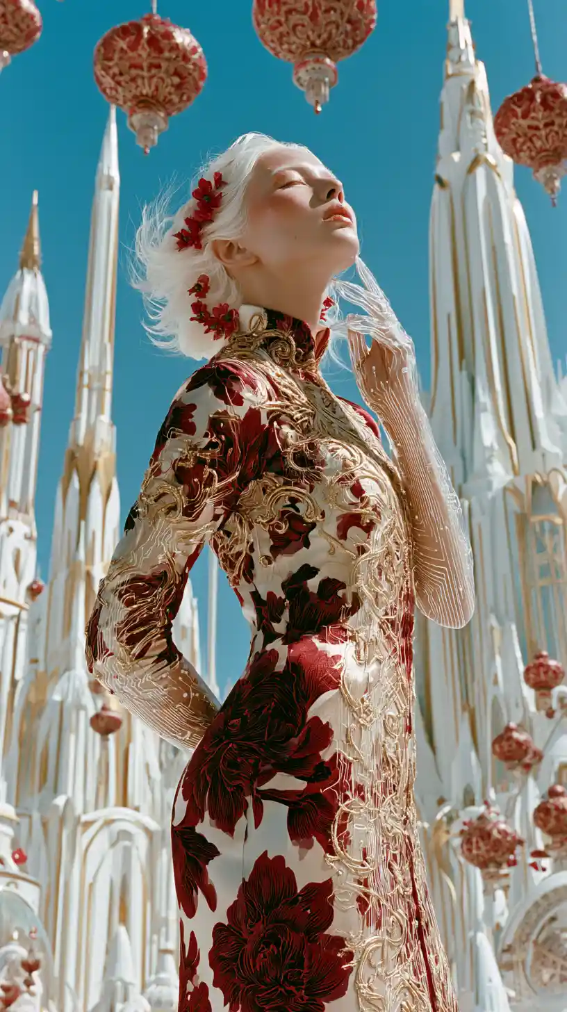 Ethereal white haired woman in floral tech robe