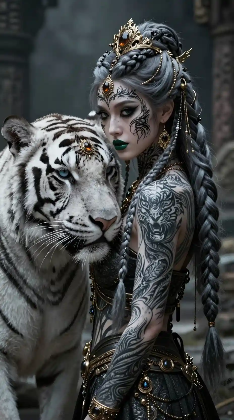Regal warrior woman with white tiger in dark fantasy portrait