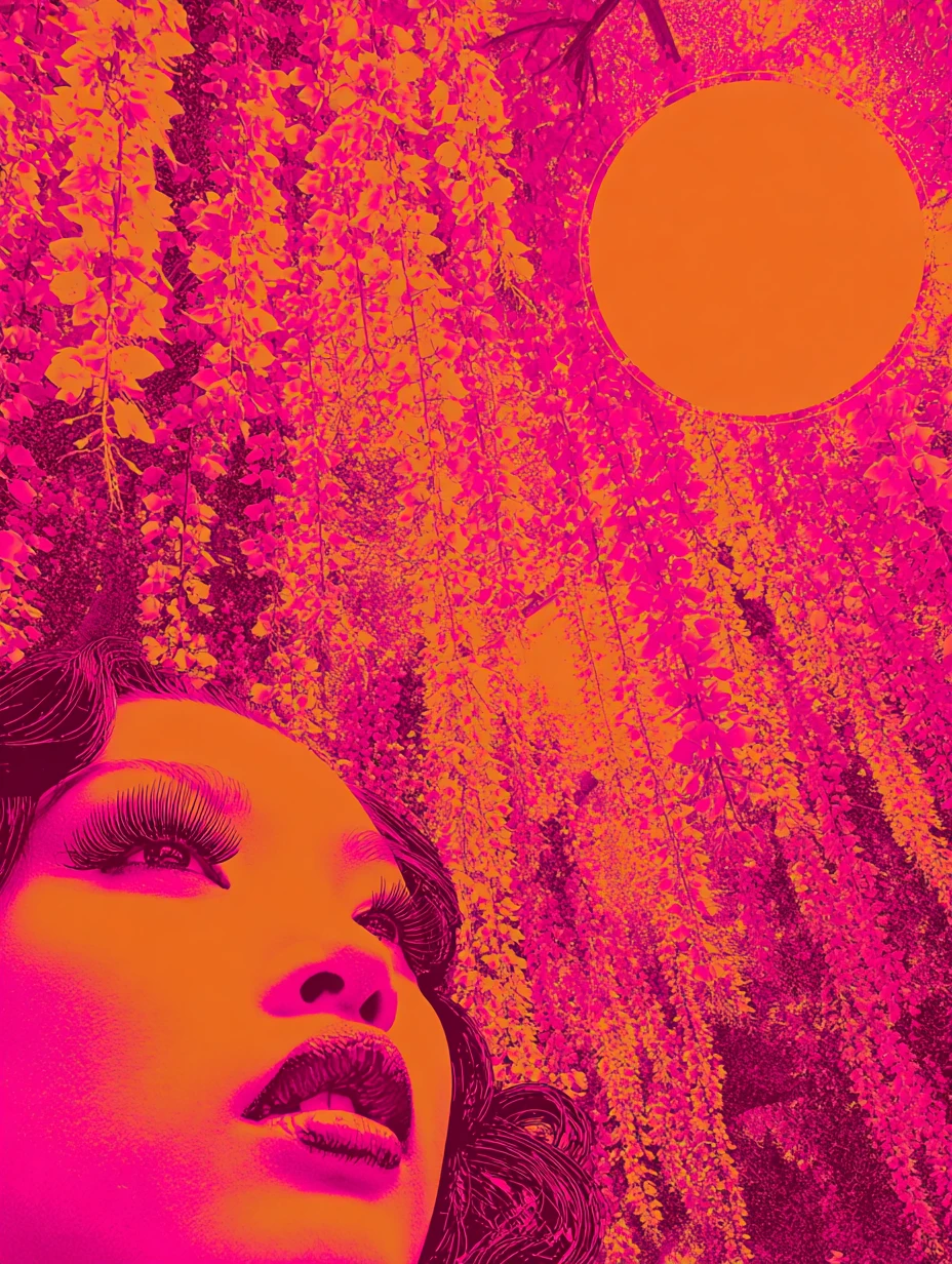 Surreal Woman Portrait With Falling Petals And Pink Sun