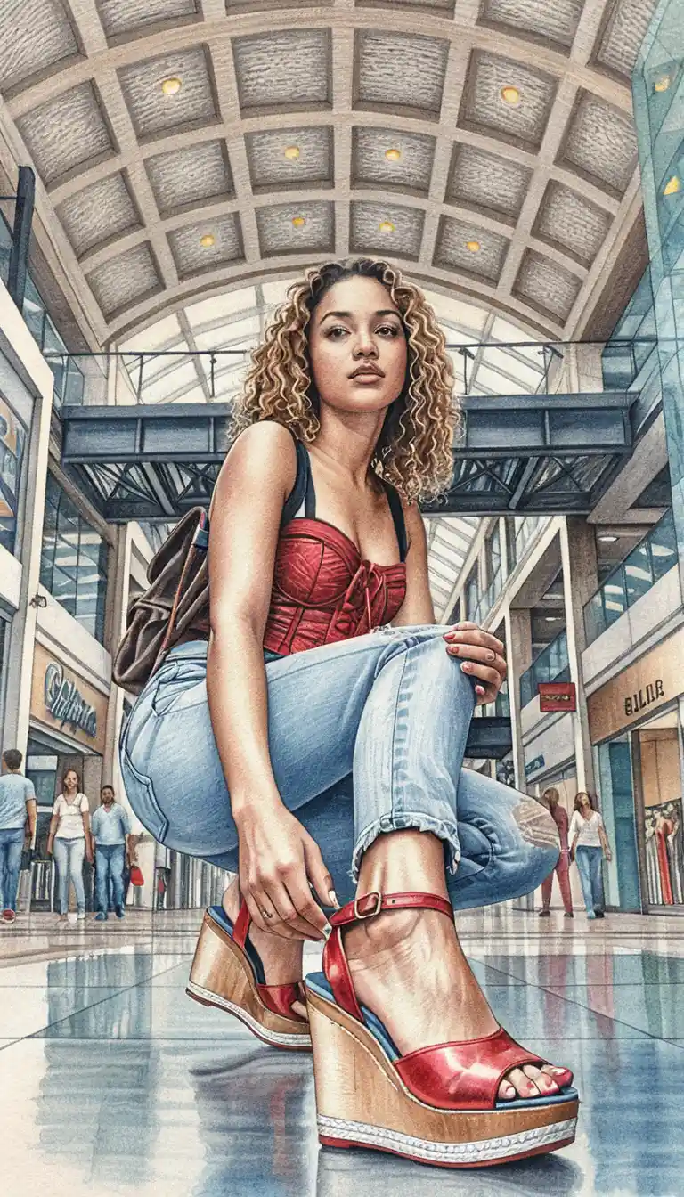 Young woman crouching in a mall from a low angle