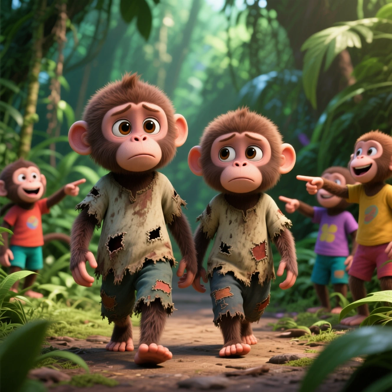 Sad baby monkey brothers walking barefoot through jungle
