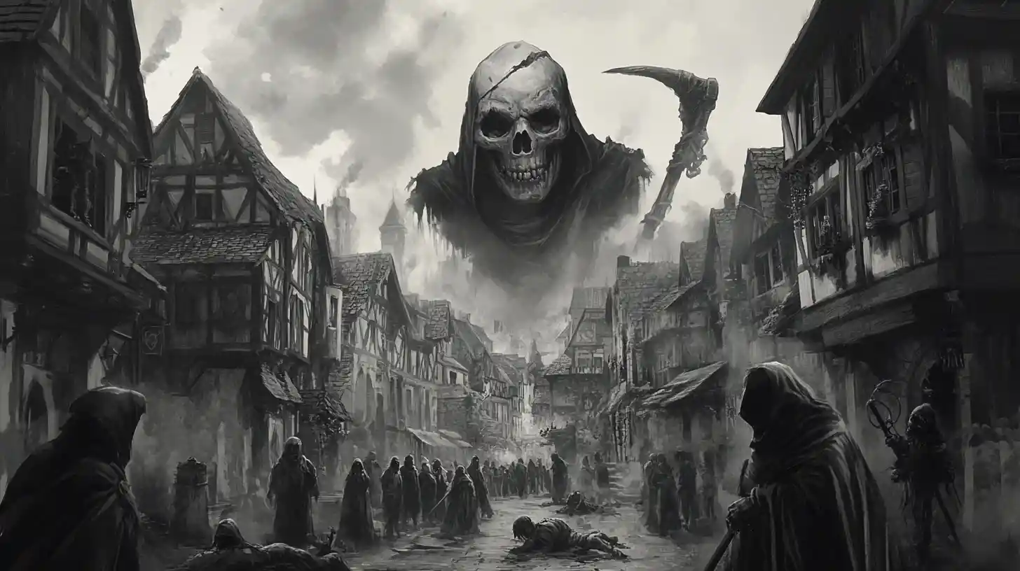 Grim reaper towering over plague stricken grayscale village