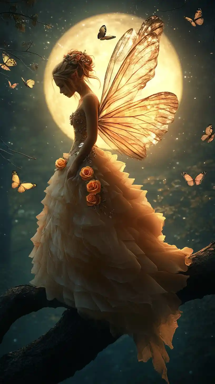 Fairy girl with glowing wings under a luminous full moon