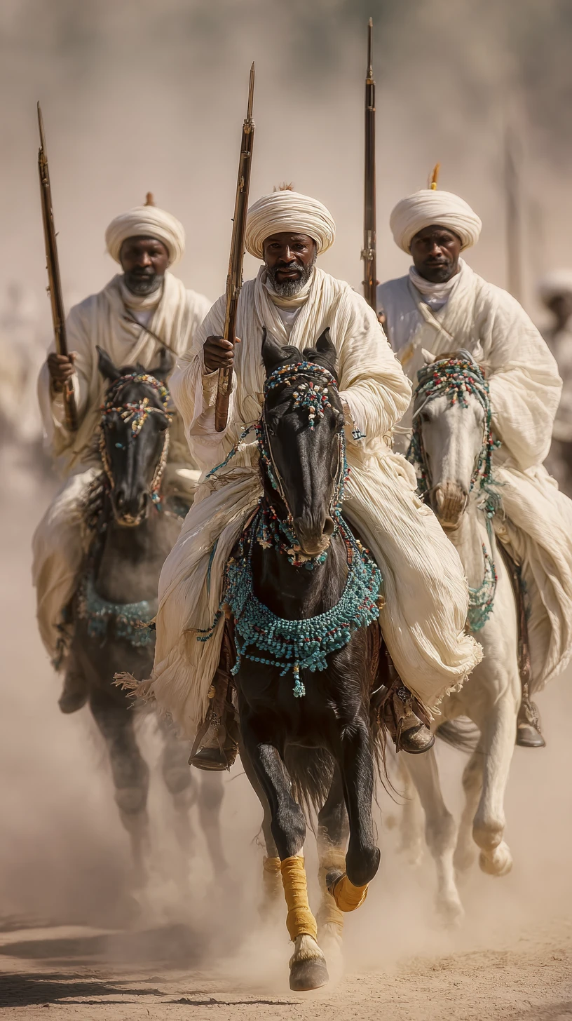 Moroccan horsemen charging in traditional fantasia performance