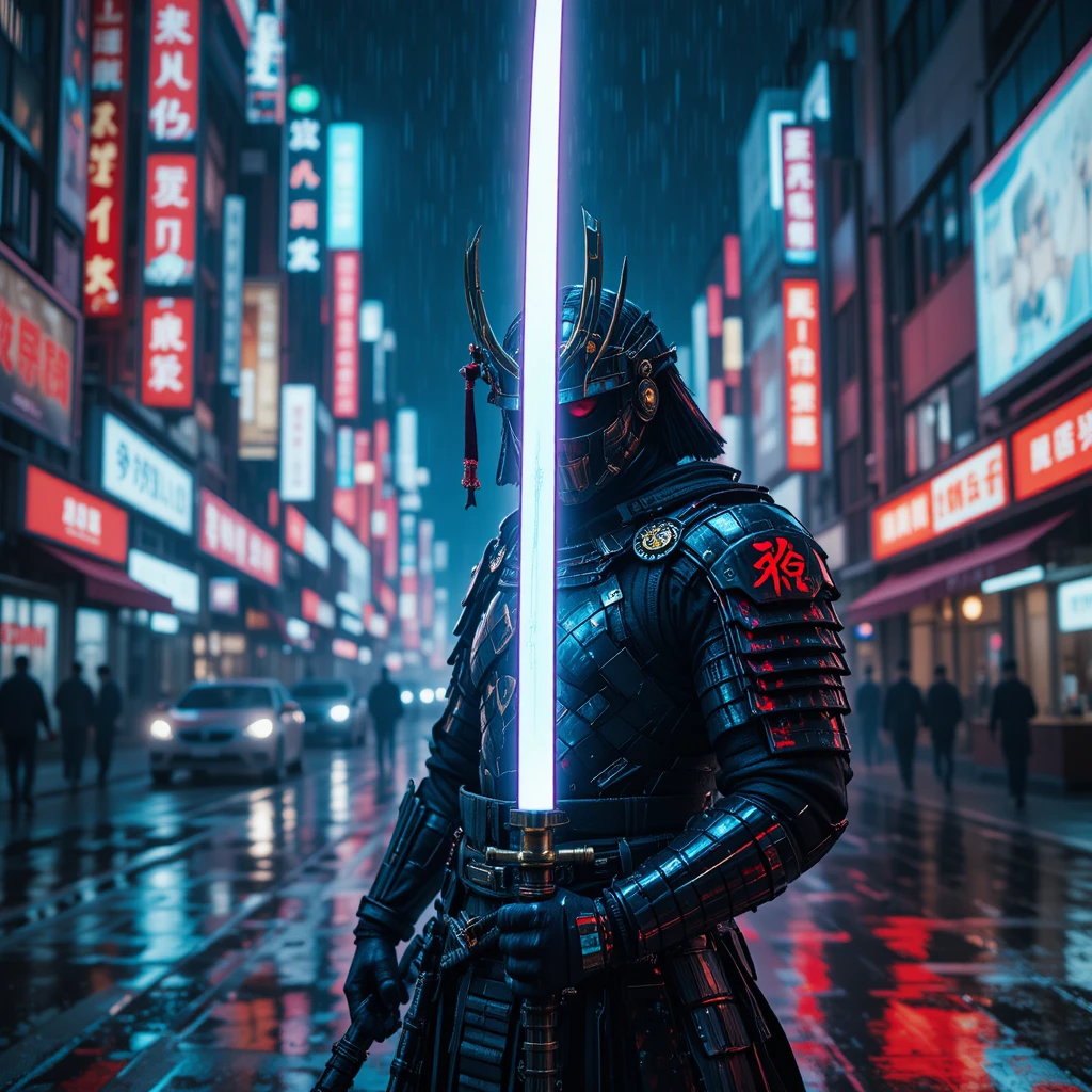 Cyberpunk samurai woman in neon lit rainy Tokyo street