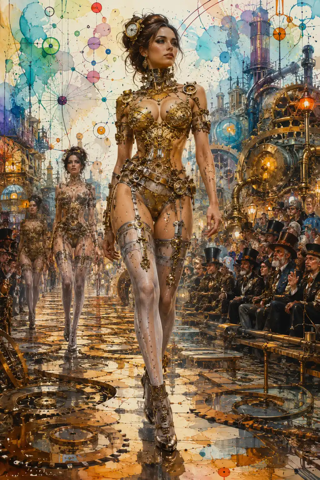 Futuristic Victorian models on a mechanical watercolor runway