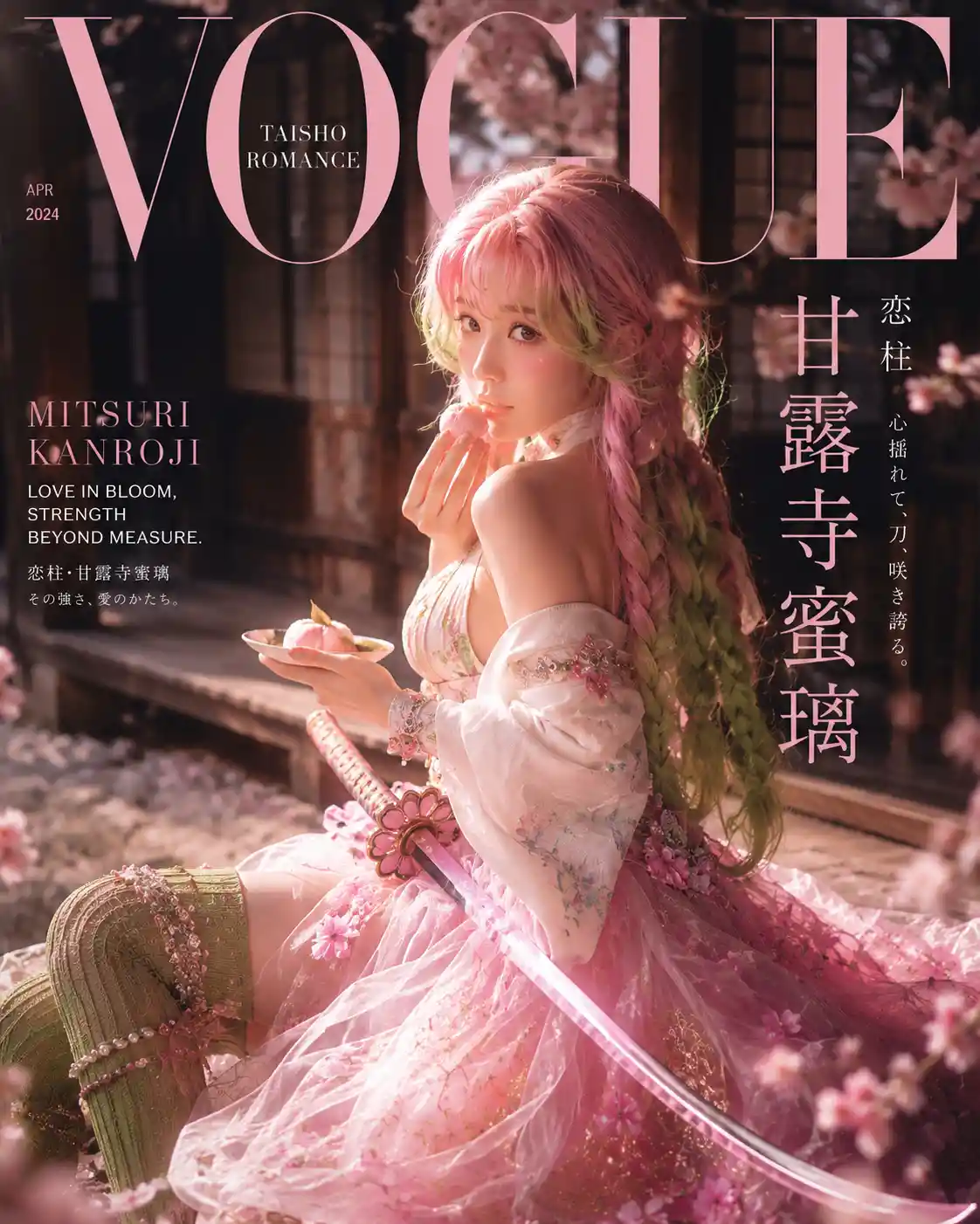 Anime swordswoman in couture gown in a sunlit sakura garden