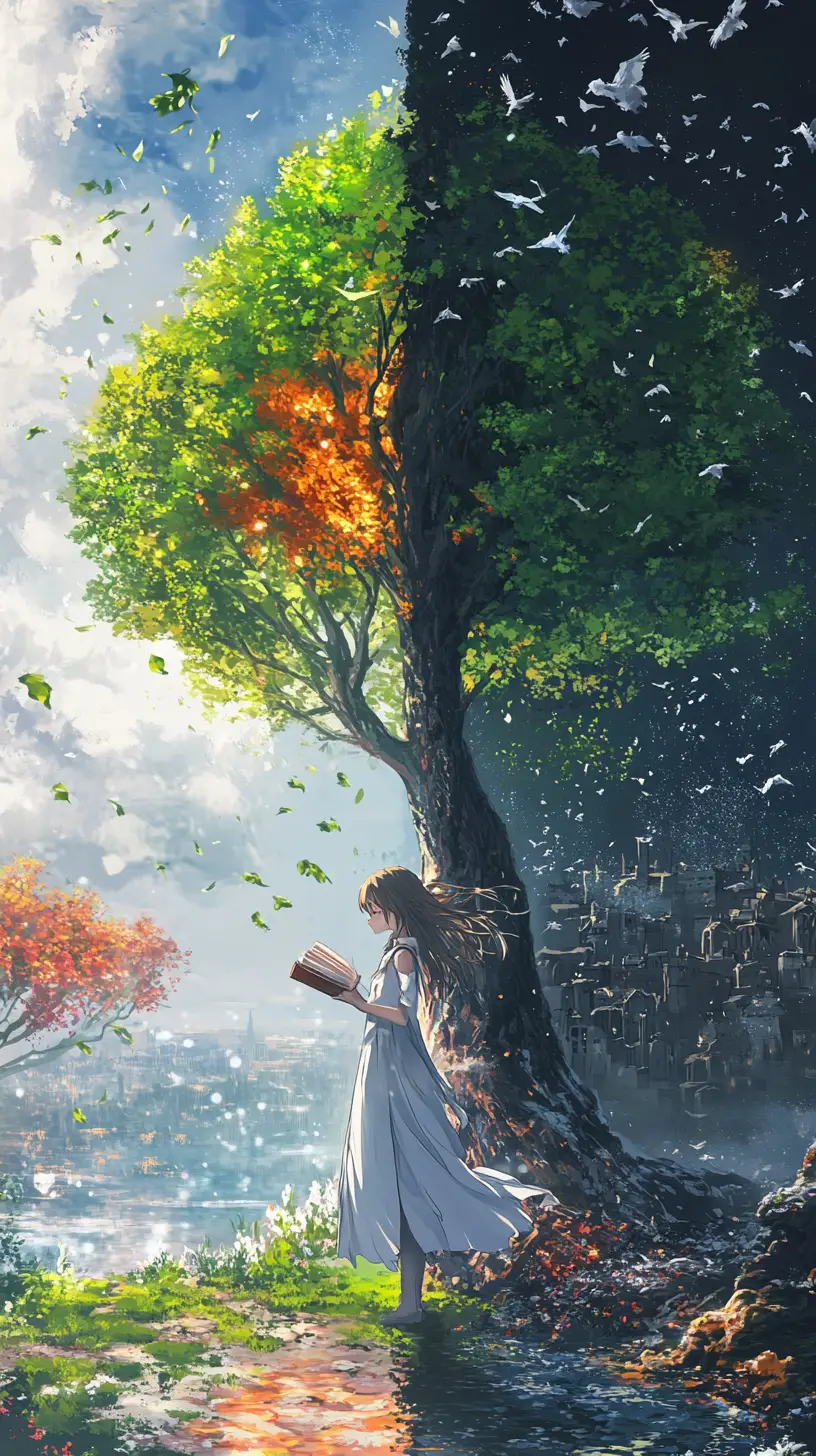 Anime girl reading a book beneath a divided tree