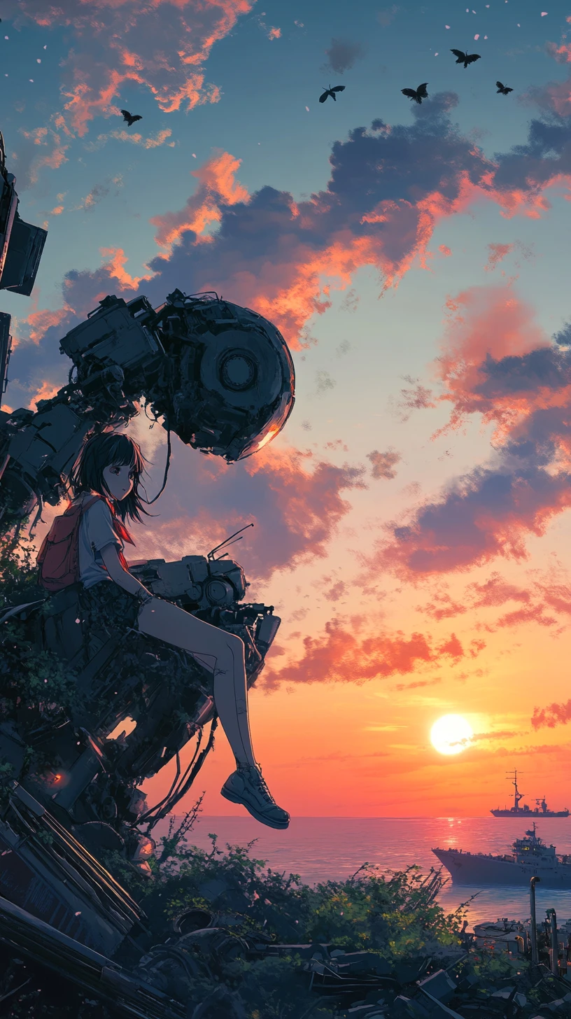 Chica de anime sentada sobre un robot destruido al amanecer