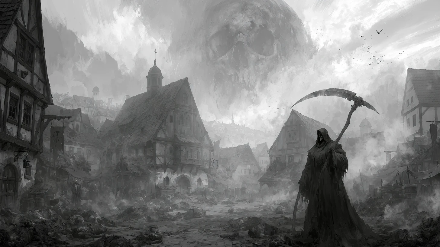 Terrifying grim reaper towering over plague stricken village