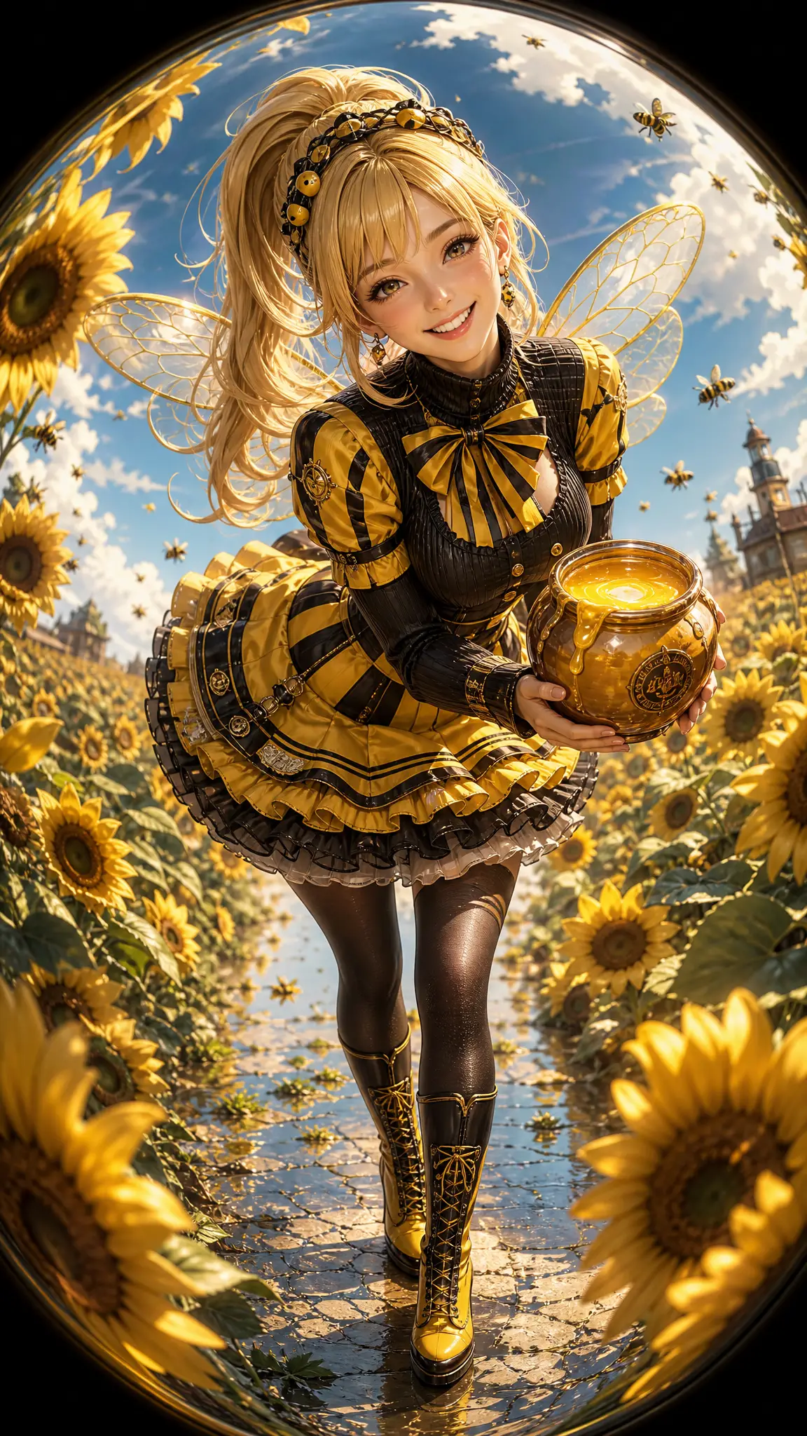 Bee fairy girl with honey pot in sunflower field