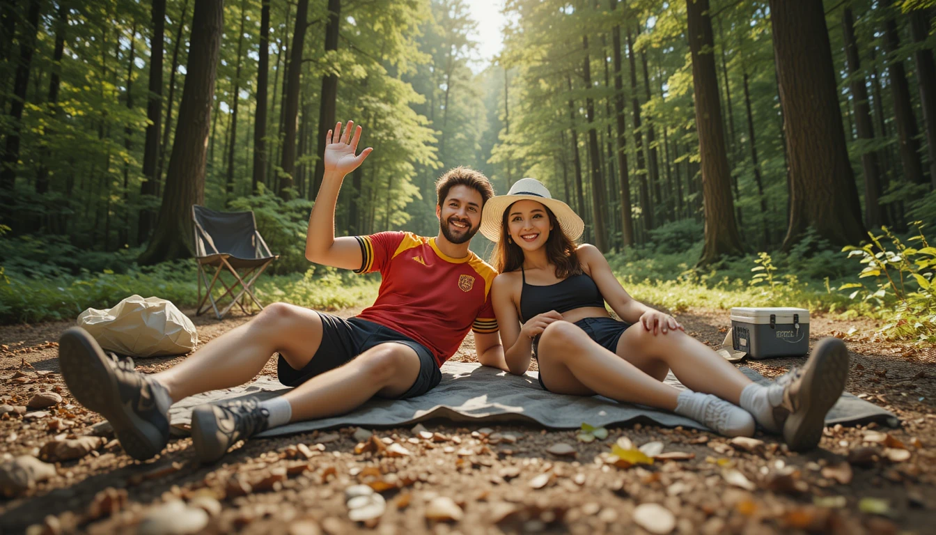 Relaxed couple lying on blankets in a forest clearing