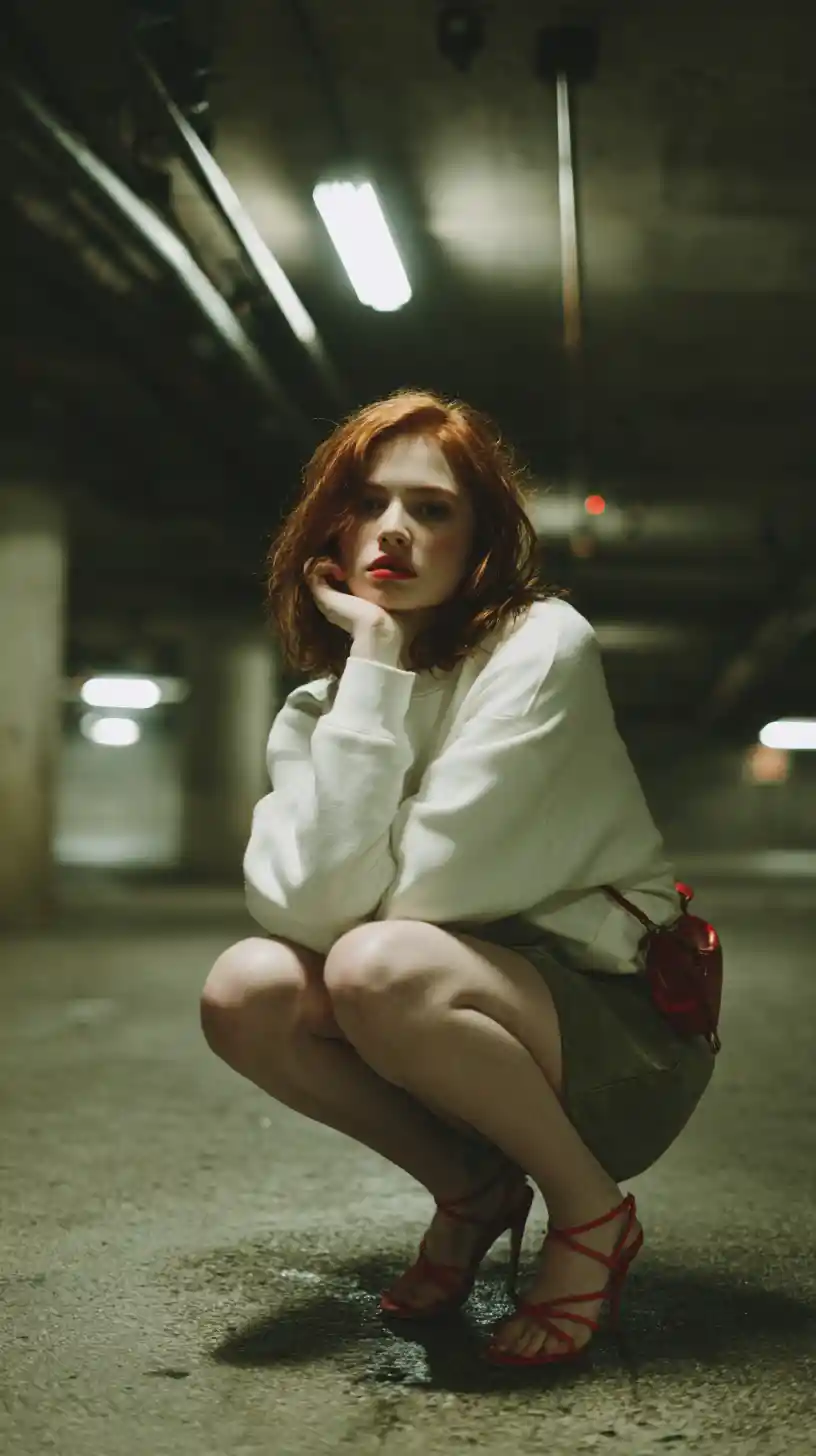 Red haired woman in editorial pose in parking garage