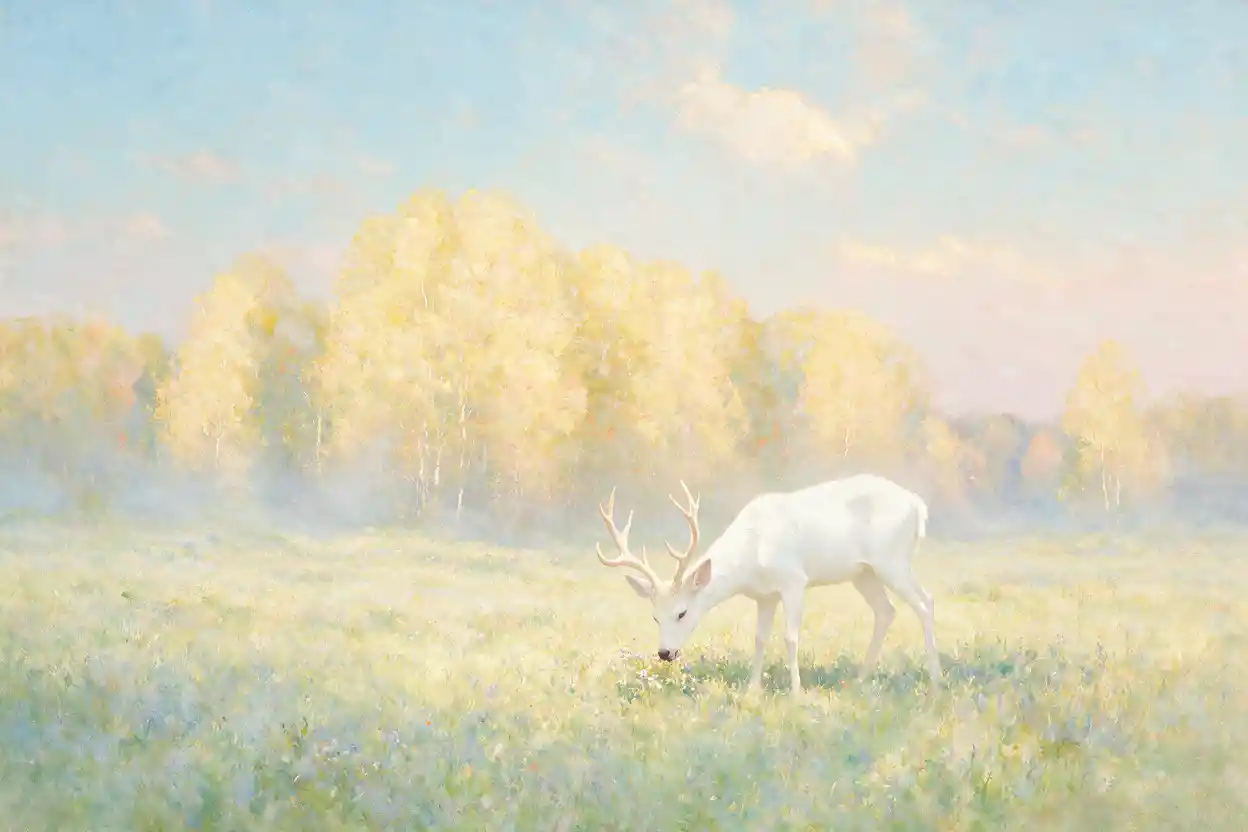 White deer in pastel meadow under soft pink and blue sky