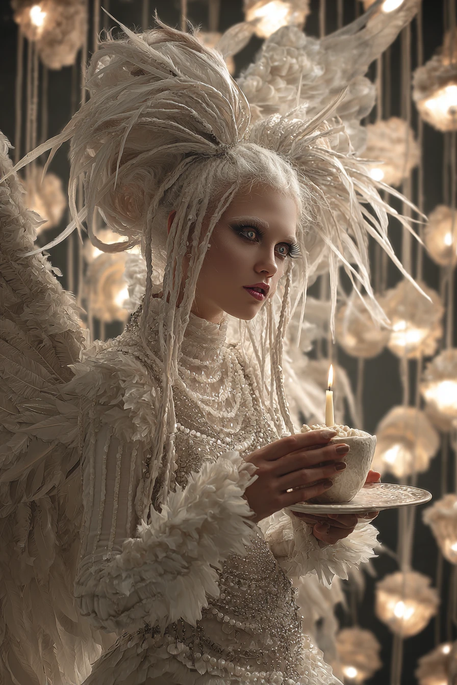 Whimsical fairy with jeweled wings holding a glowing candle
