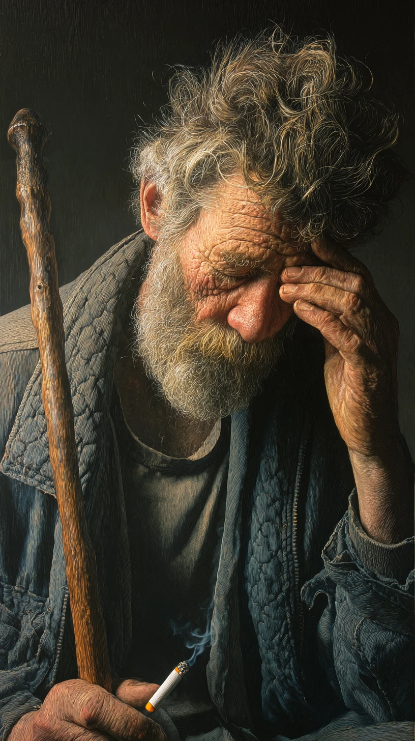 Weary old man with cigarette in dramatic painted portrait