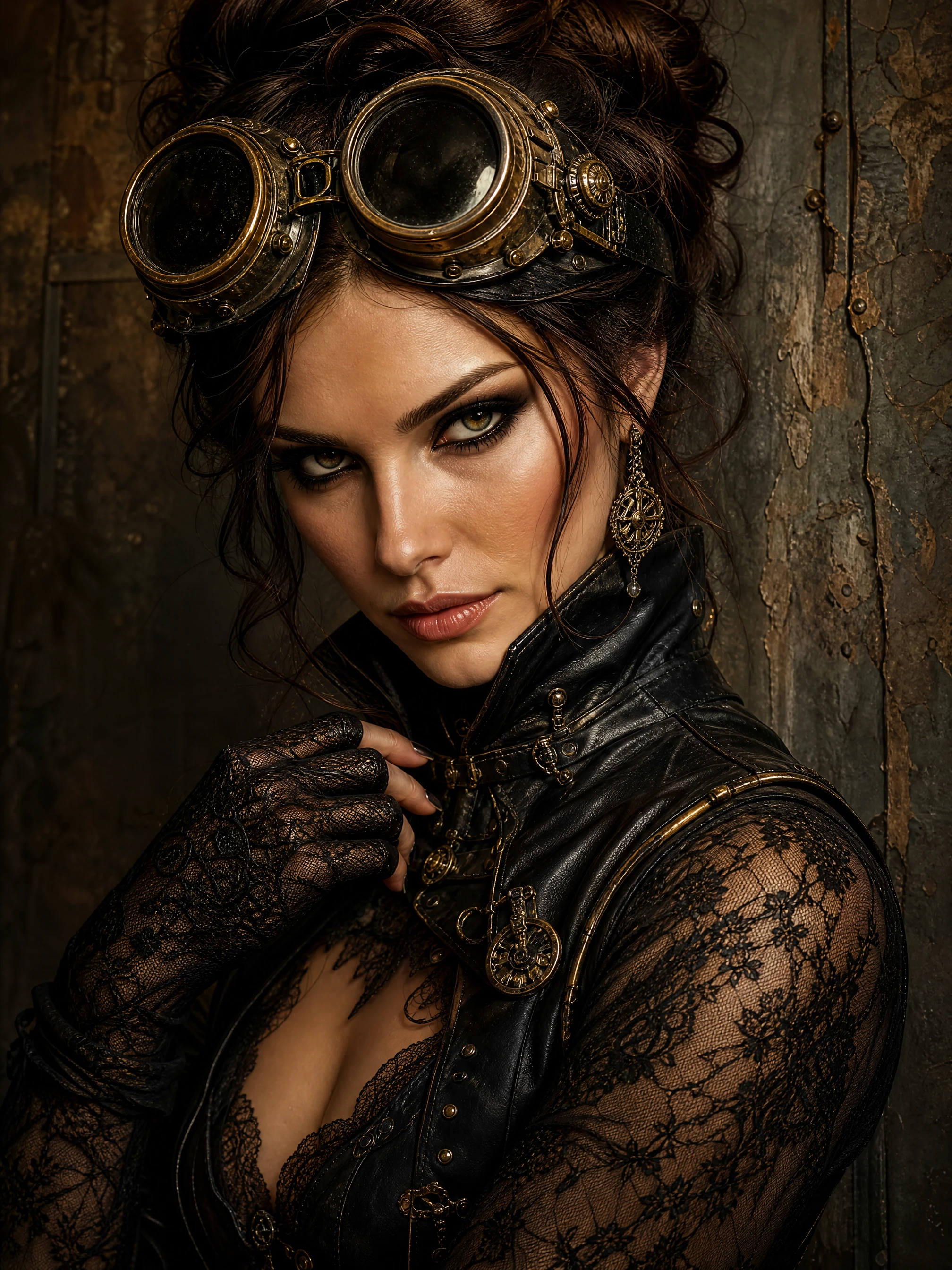 Retrato de Mujer Steampunk con Gafas y Elegancia Gótica