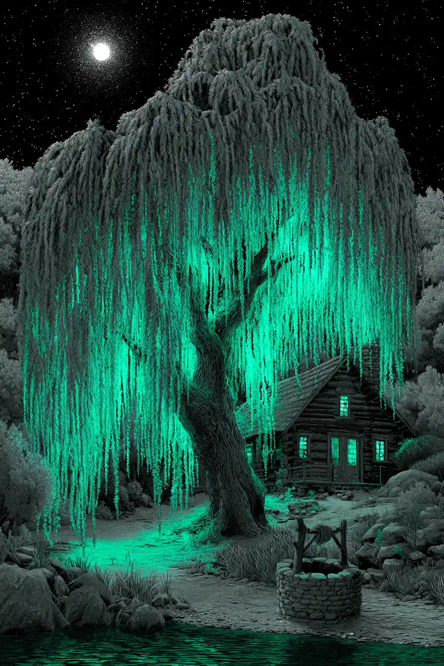 Moonlit log cabin beside willow tree and wishing well