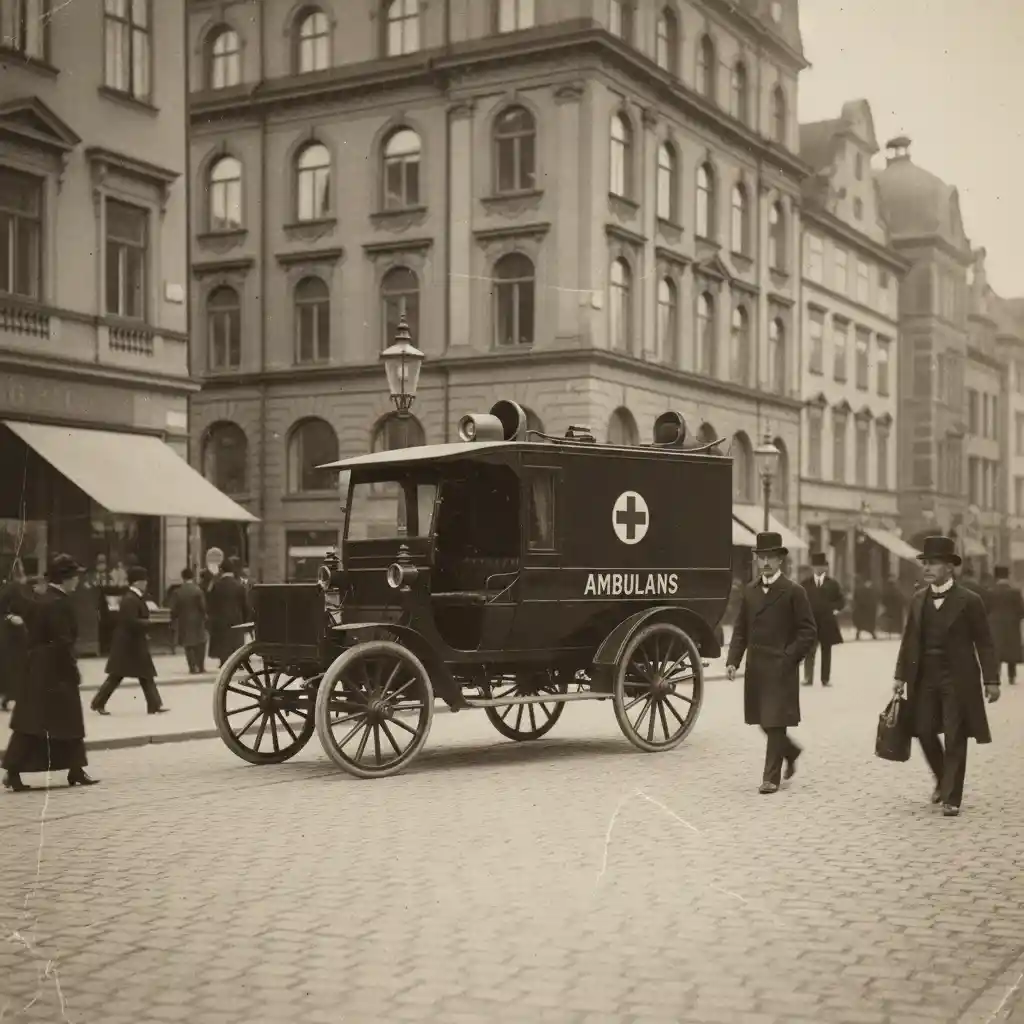 Vintage Swedish ambulance on cobblestone street in Stockholm