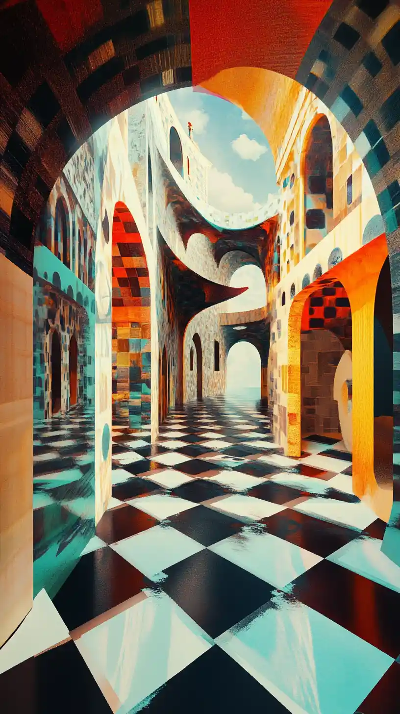 Surreal fractured geometry dreamscape with optical illusion forms