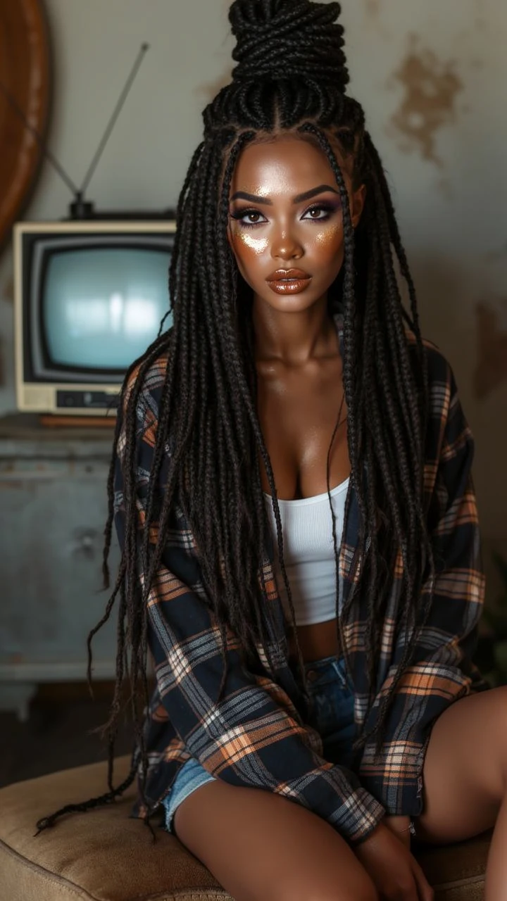 Stylish woman in braids relaxing in a vintage living room