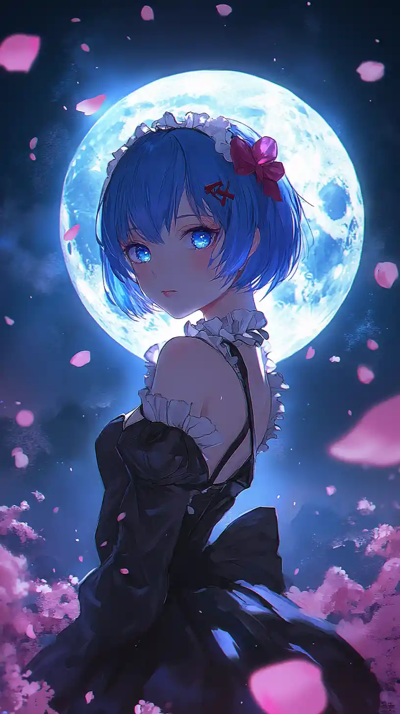 Ragazza maid anime sotto una luna luminosa con petali