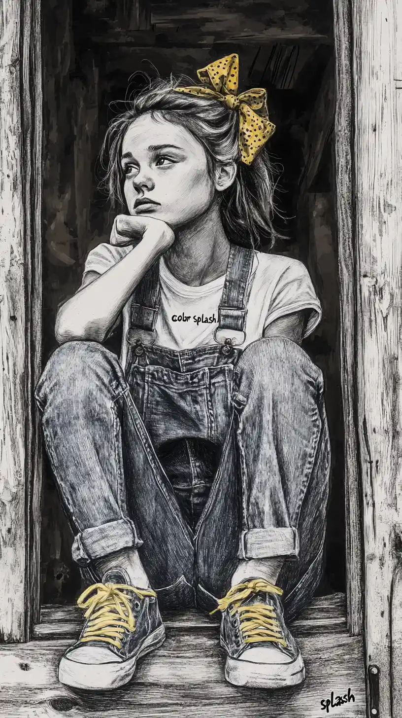 Pensive girl in overalls in a rustic doorway sketch