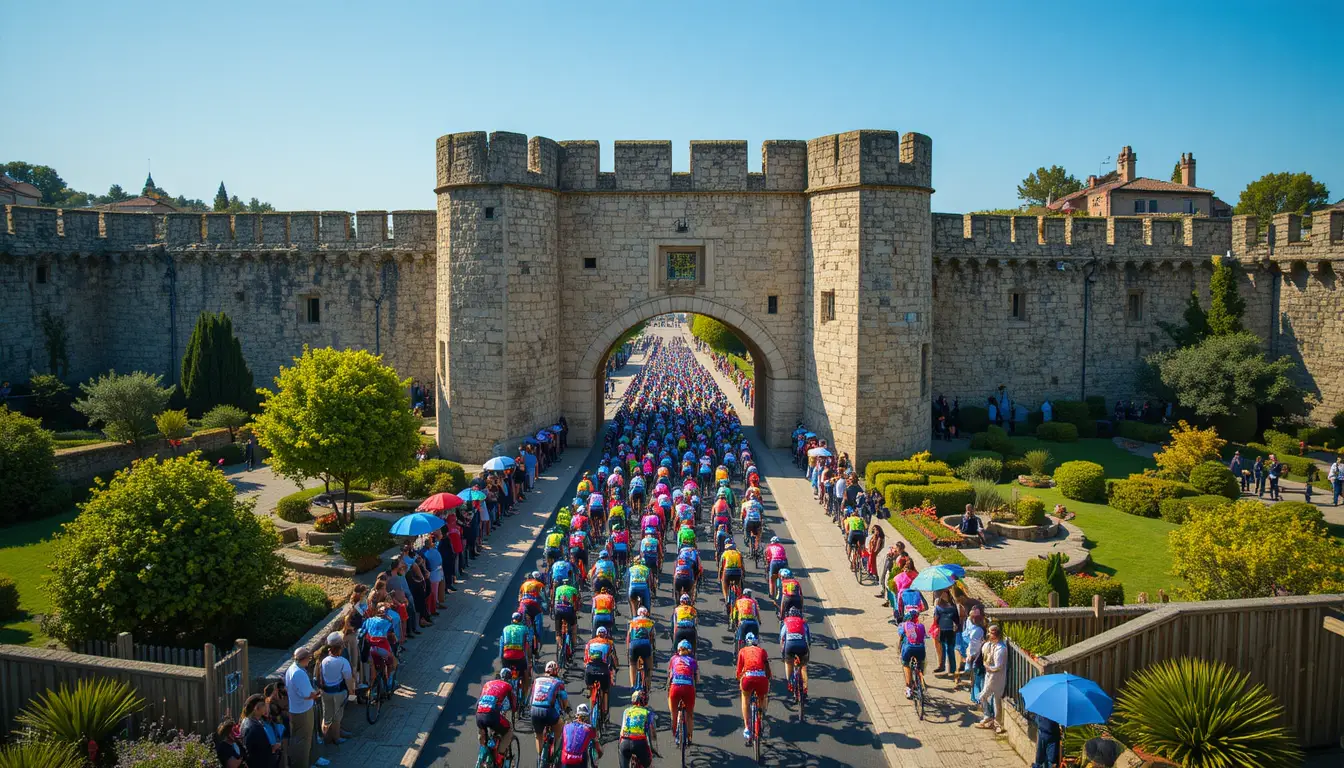 Aerial view of cyclists racing through medieval stone fortress