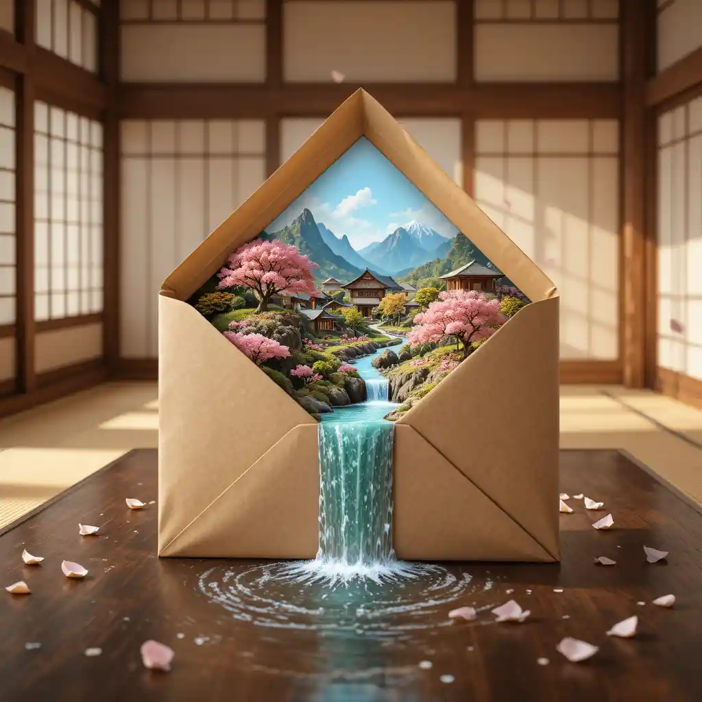 Envelope opening into a miniature japanese village landscape