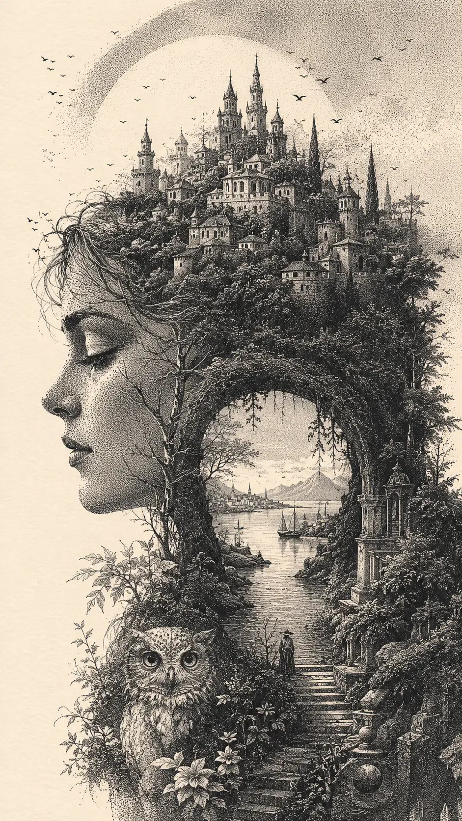 Filigrane Tintenzeichnung mit verborgenen Figur-Grund-Illusionen